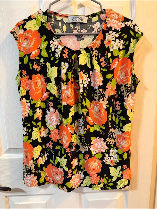 Kasper Tops - 🖤 Kasper Black Floral Key Hole Sleeveless Blouse Top w/ Coral Orange and Green